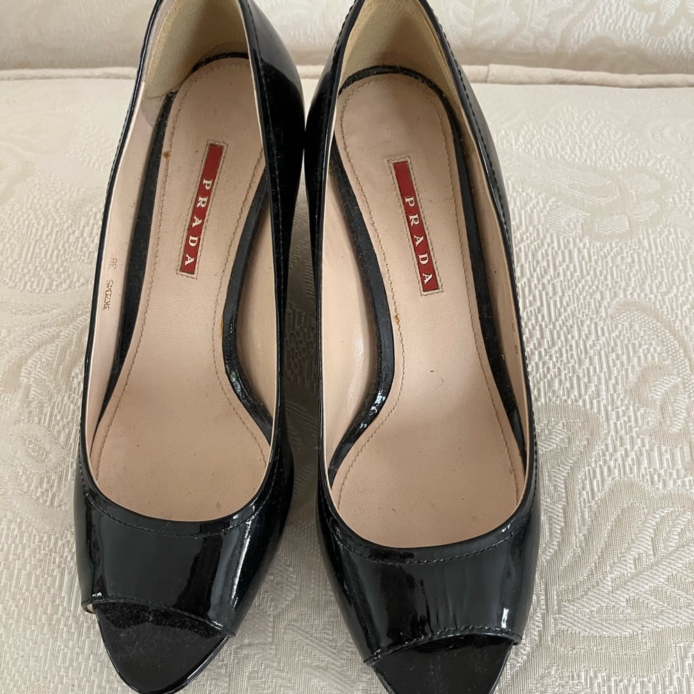 Prada Black Patent Leather Open Wedges-Great Condition